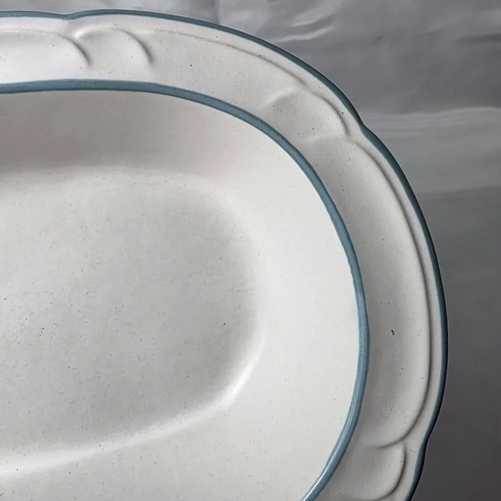 Country Ware Ashberry 10 Inch Oval Serving Bowl White with Blue Scalloped Edge
